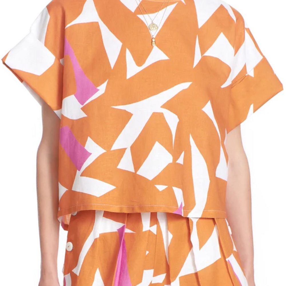 Orange and White Abstract Print Top